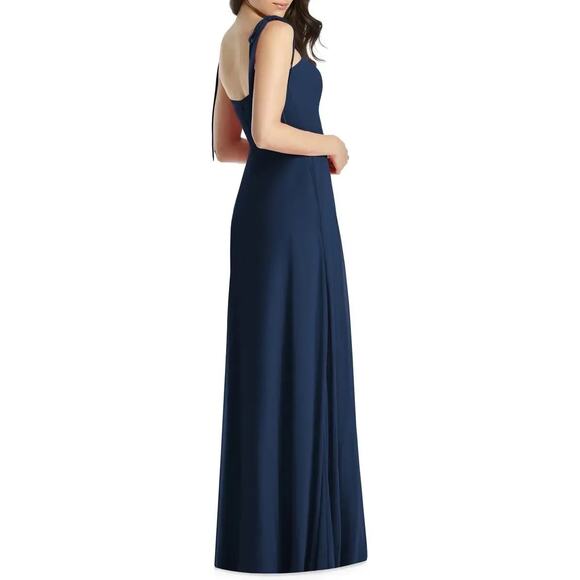 Dessy Collection Tie Strap Chiffon Gown with Front Slit Midnight Blue 12-R - Picture 2 of 10
